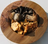 wild mushrooms in a wooden bowl